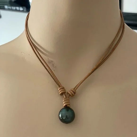 16mm Genuine Goutte Baroque Tahitian Pearl in Light Brown Greek Leather Necklace